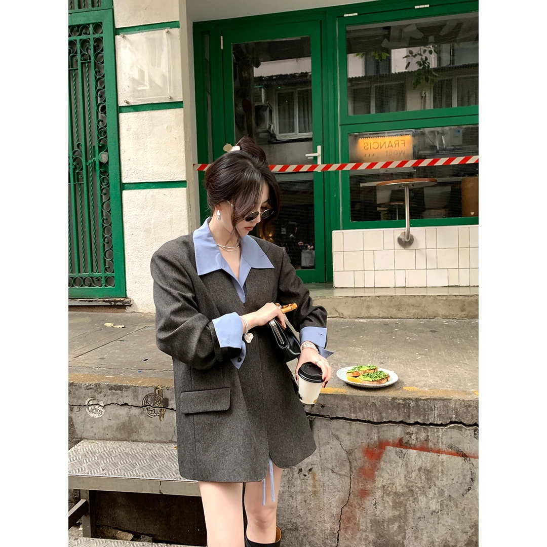 夏诗文 毛边设计感斜纹肌理垫肩西装H型宽松外套女春