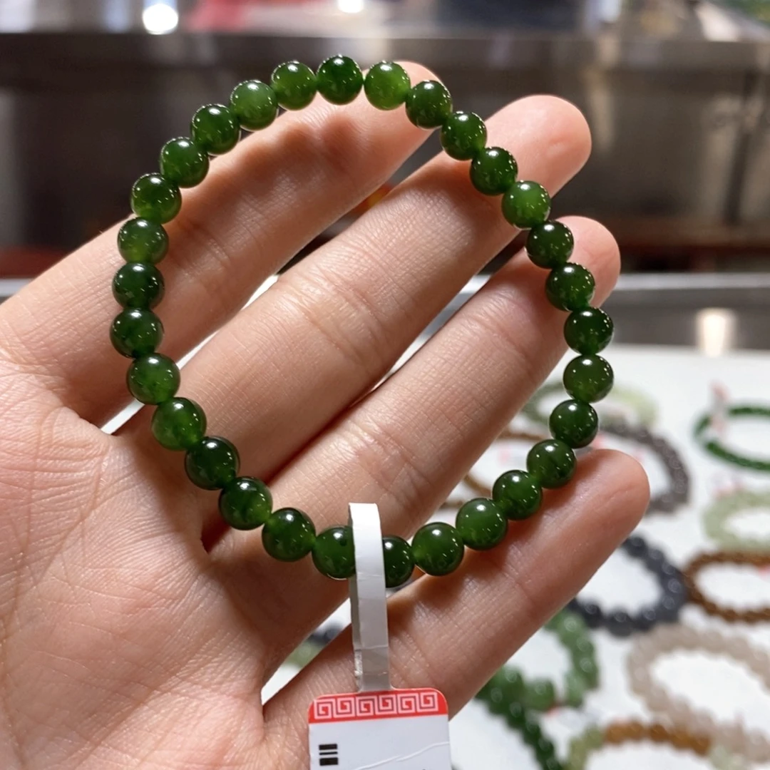 和田玉手串未镶嵌蓝*儿菠菜绿卡6