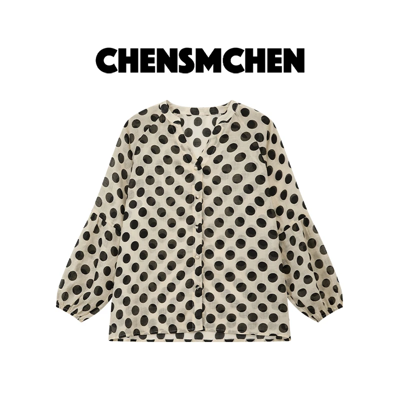 CHENSMCHEN 100苎麻波点V领长袖衬衫女时尚休闲百搭衬衣CSC5664TT