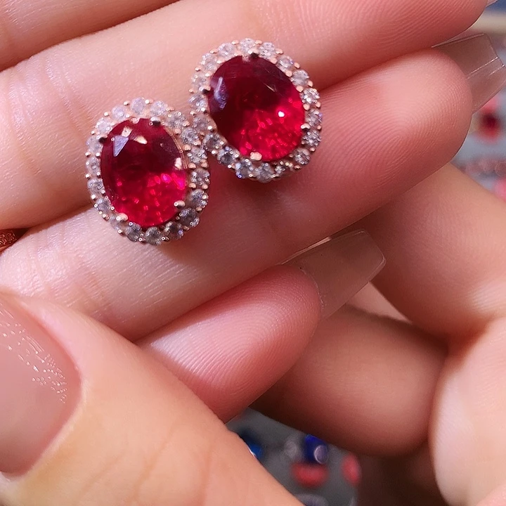 红宝石耳饰银S925镶嵌