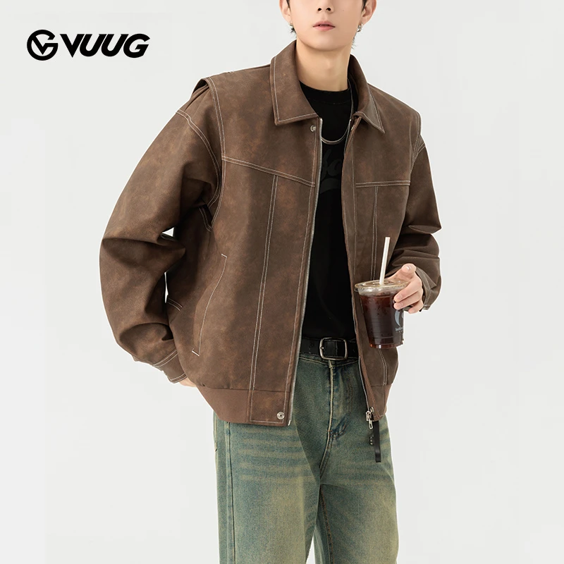 VUUG美式vintage夹克外套男款春秋复古痞帅防风翻领休闲皮夹克男