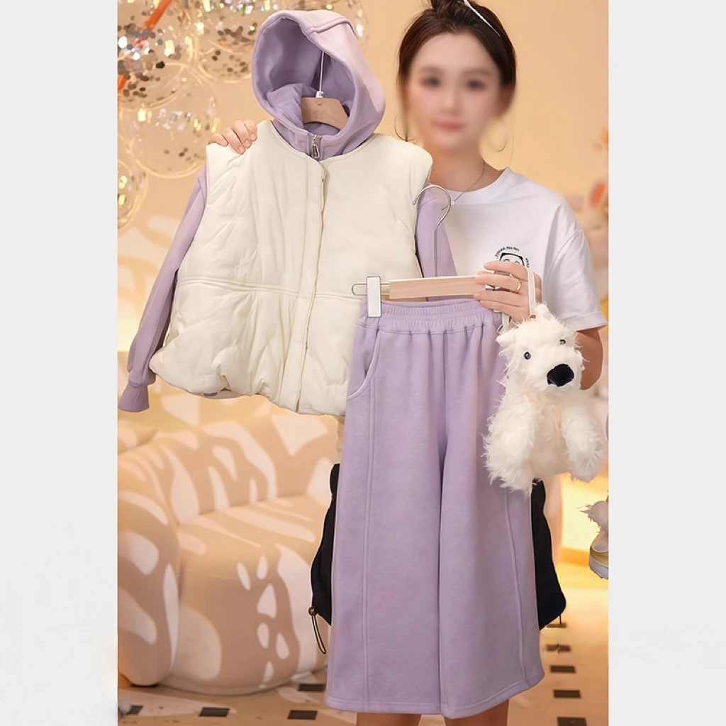 女童加绒外穿马甲卫衣卫裤三件套秋冬2025新款加厚运动开衫阔腿裤