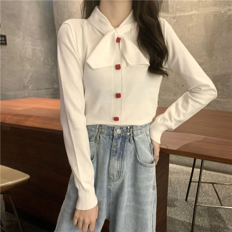 小个子针织打底衫韩版ins蝴蝶结纽扣衫长袖T恤女打底上衣内搭潮