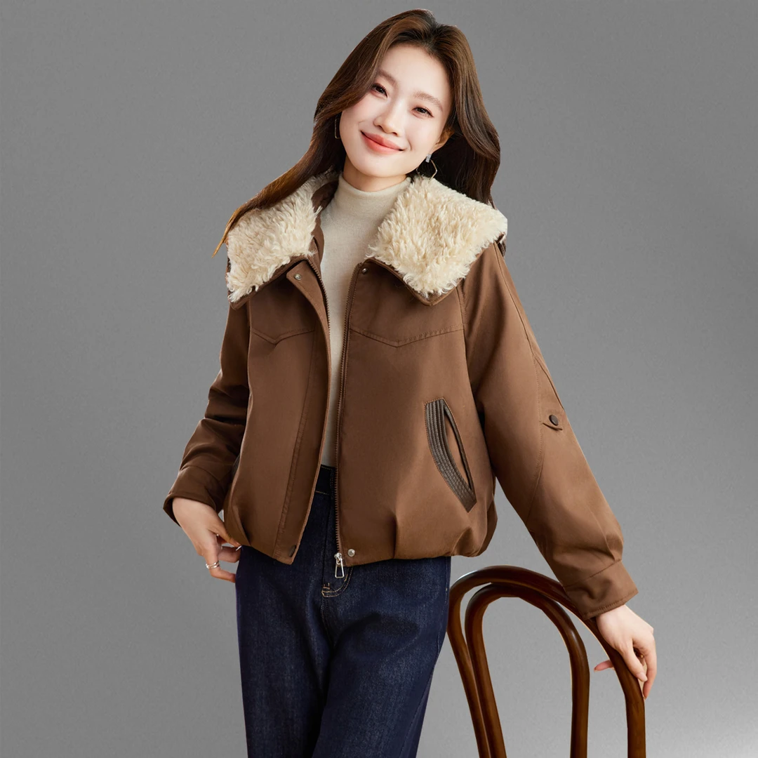 羊羔毛领拼接派克棉服女短款2026新款冬季小个子加厚保暖棉衣外套