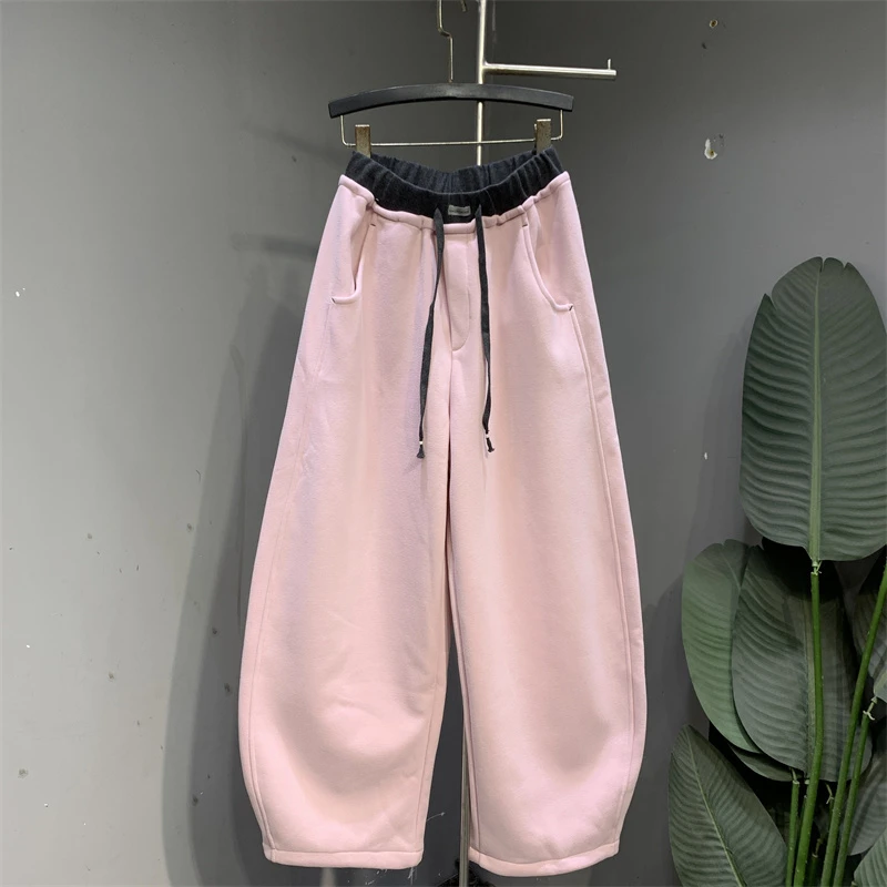 甜美少女风粉色休闲弯刀裤女2025年冬季新款加绒加厚时尚气质卫裤