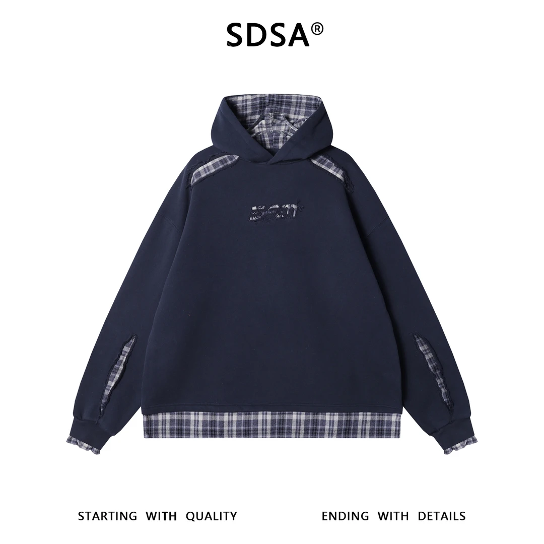 SDSA男士秋冬新款痞帅男装韩版拼接格子连帽卫衣时尚百搭套头上衣