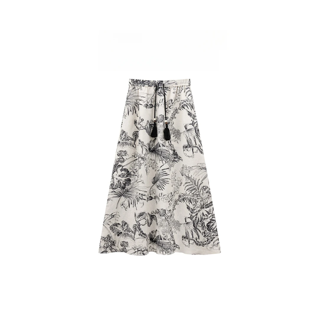 “轻奢私服”"山水半裙"新中式抽绳宽松显瘦中长裙 B1105