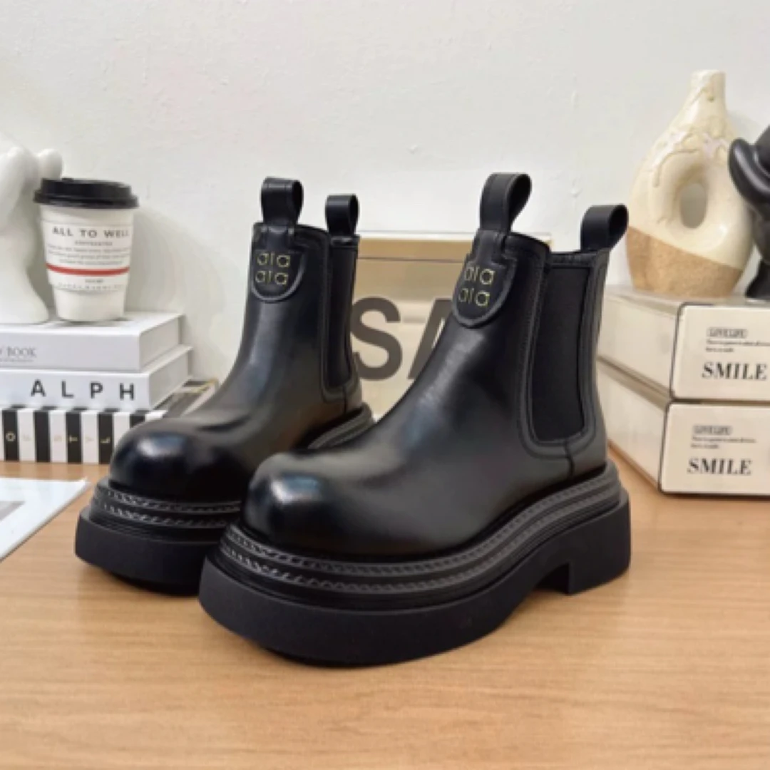 2025年新款真皮厚底切尔西靴女英伦风马丁靴增高显瘦百搭烟筒短靴