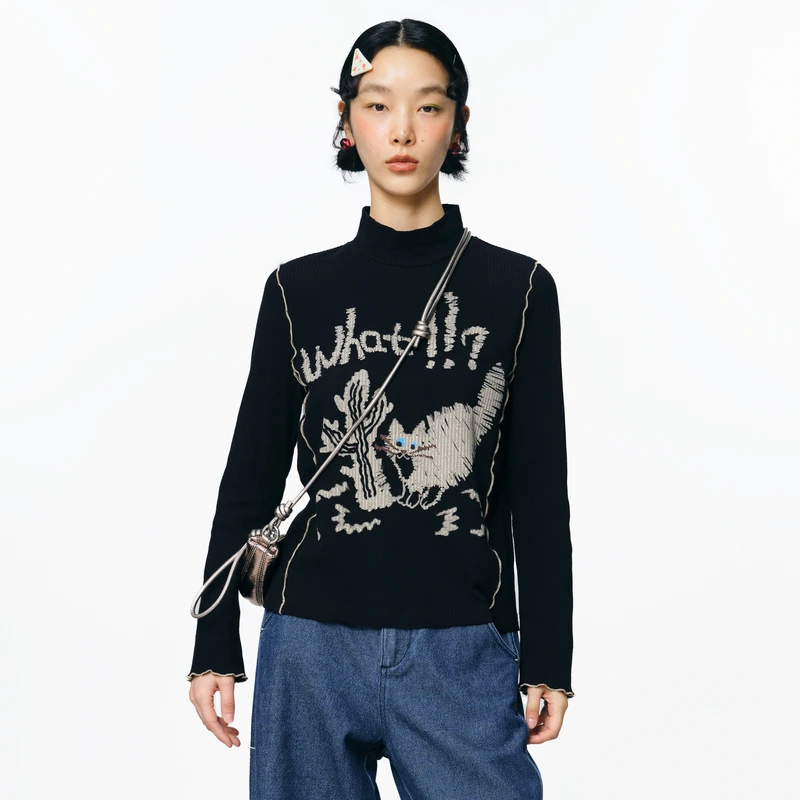 MOVEUP幻走2025秋季新款.FUN半高领印花打密边短款T恤女3EWQ10503