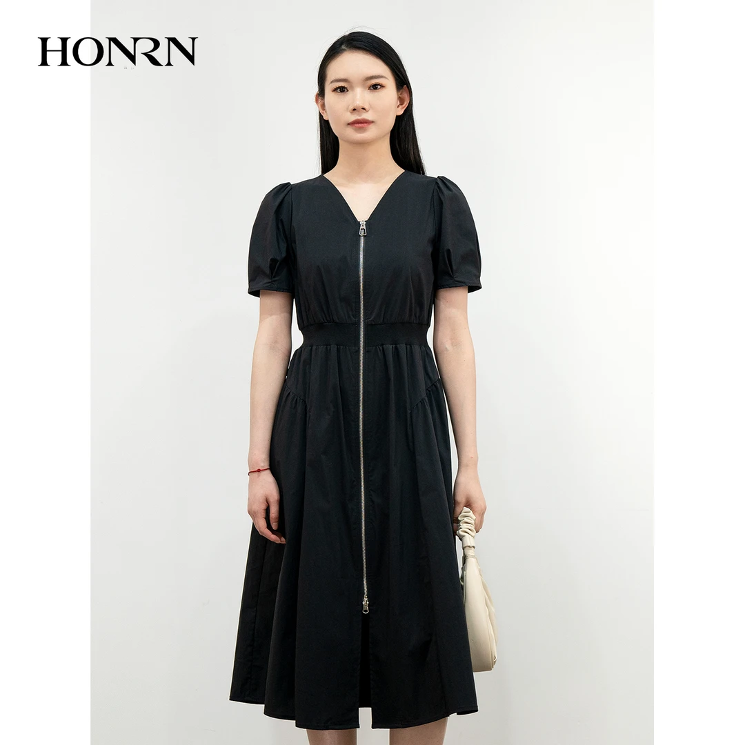 HONRN/v领修身收腰显瘦穿搭泡泡袖短袖连衣裙女夏HK29OL012