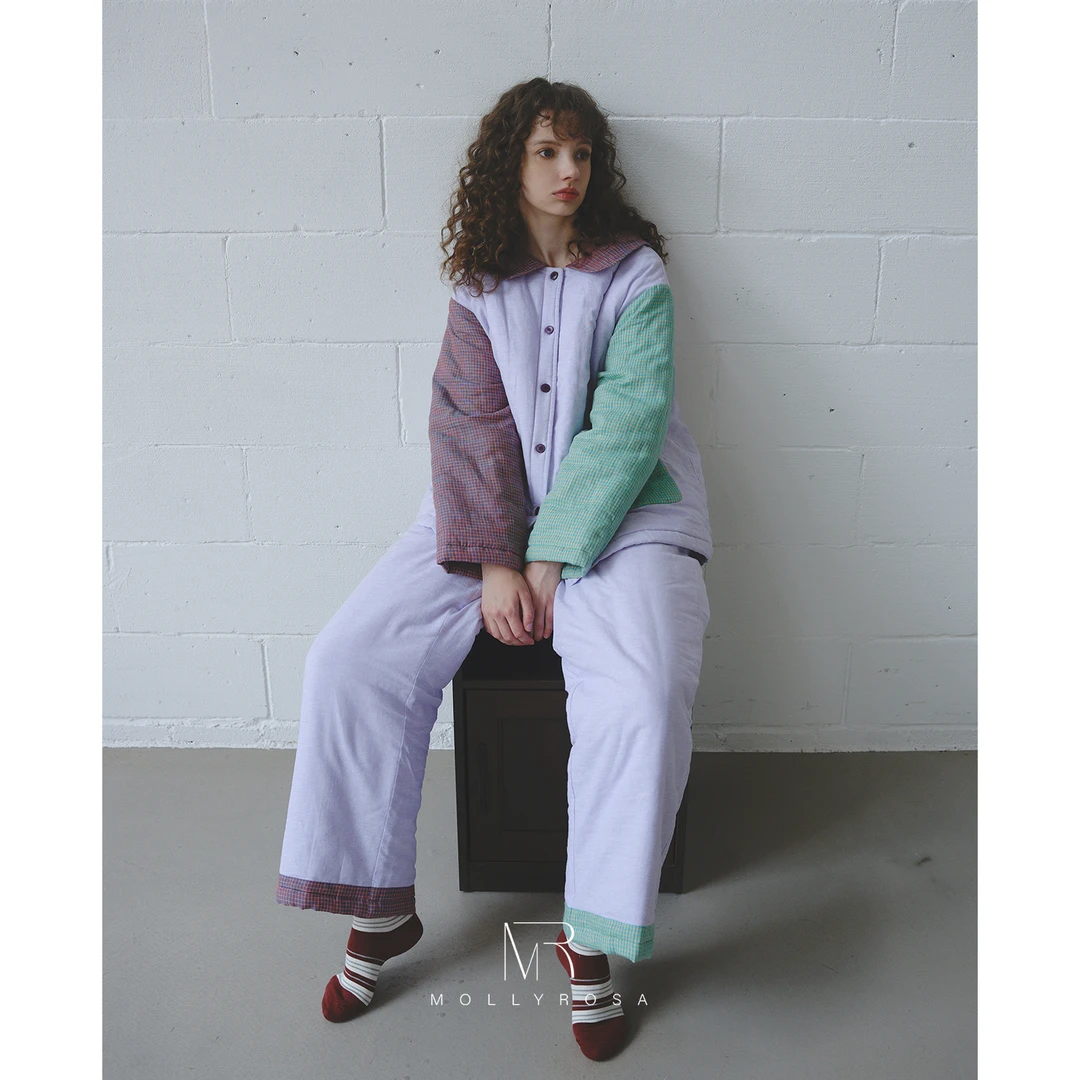 雪紫撞色拼布夹棉加厚复古家居服套装秋冬保暖棉服可外穿女生新款