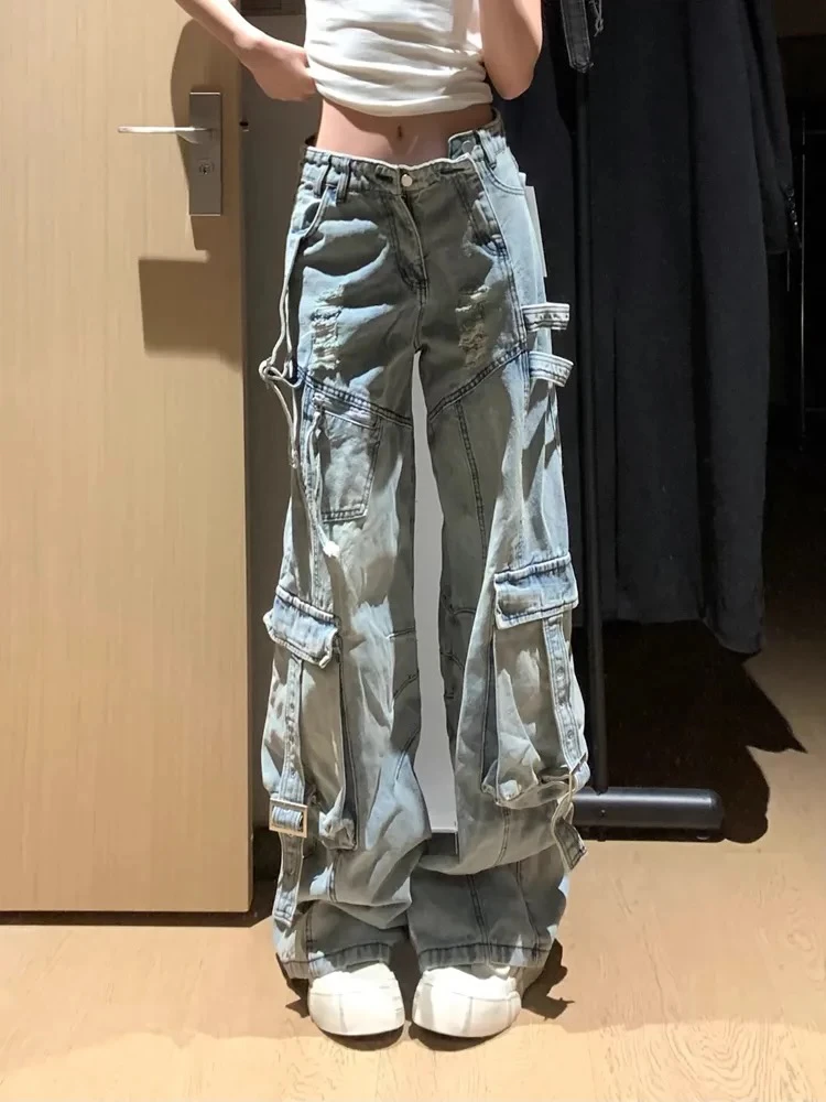 美式双拉链复古多口袋破洞宽松直筒裤（有瑕疵接受再拍）