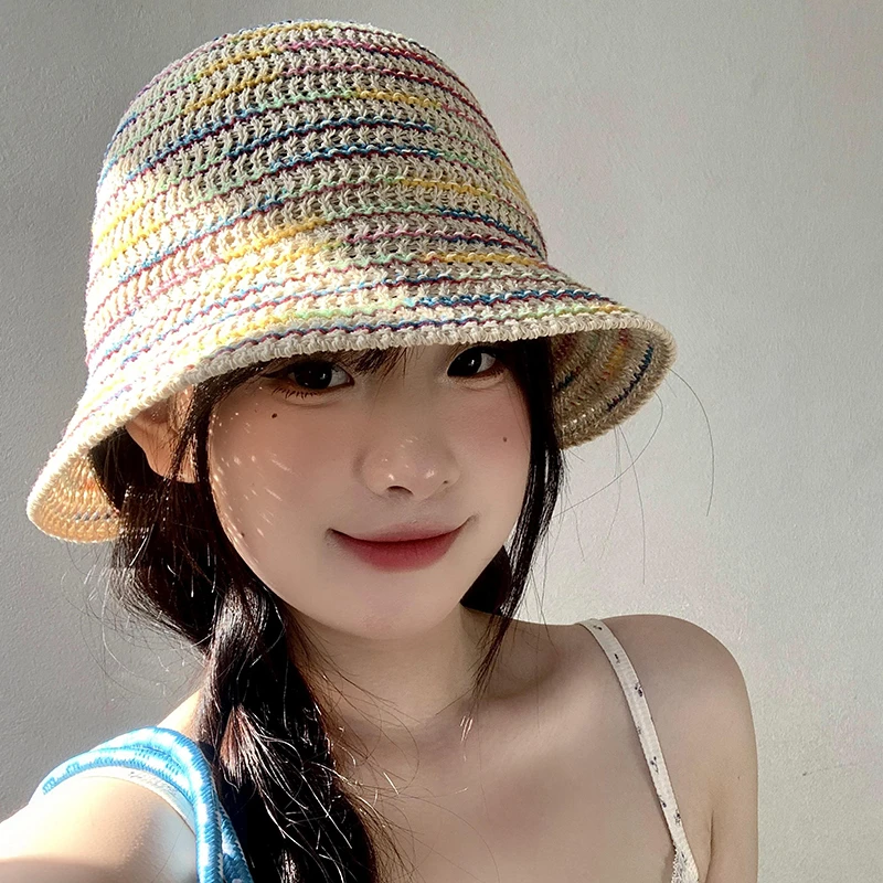 多巴胺草编渔夫帽女2025年春新款大帽檐显脸小水桶帽防晒遮阳帽子