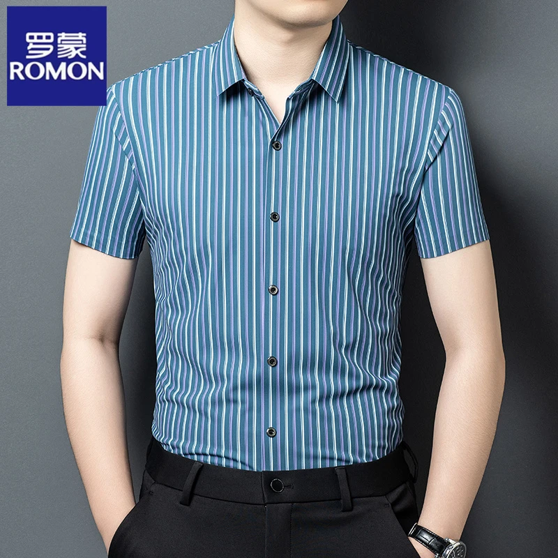 罗蒙冰丝条纹短袖衬衫男夏季免烫竖条纹无痕衬衣高档中年男装速干