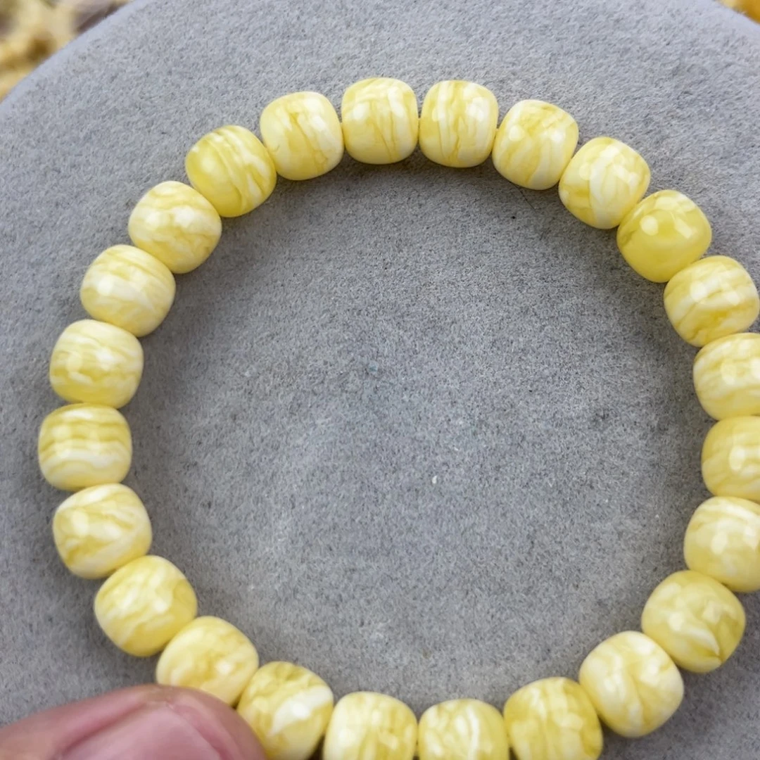 蜜蜡未镶嵌手串俄料同料瓷白花虎皮千层9*8.2腕口17+