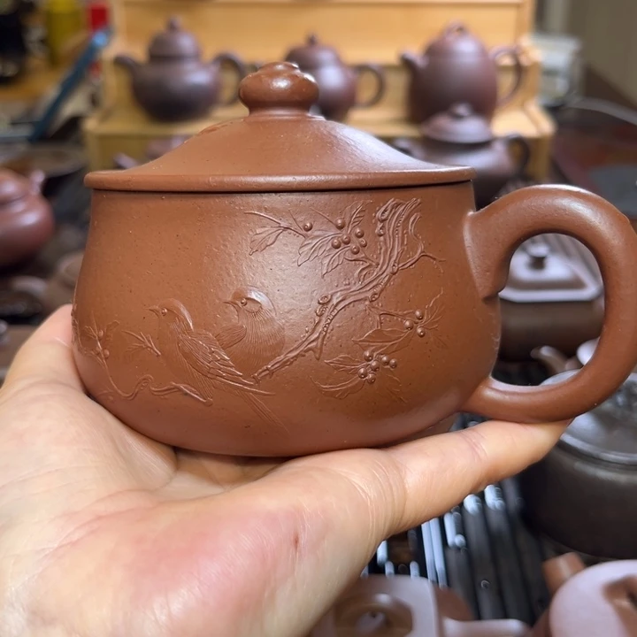 茶壶紫砂本色堆绘花鸟手工制作350 cc