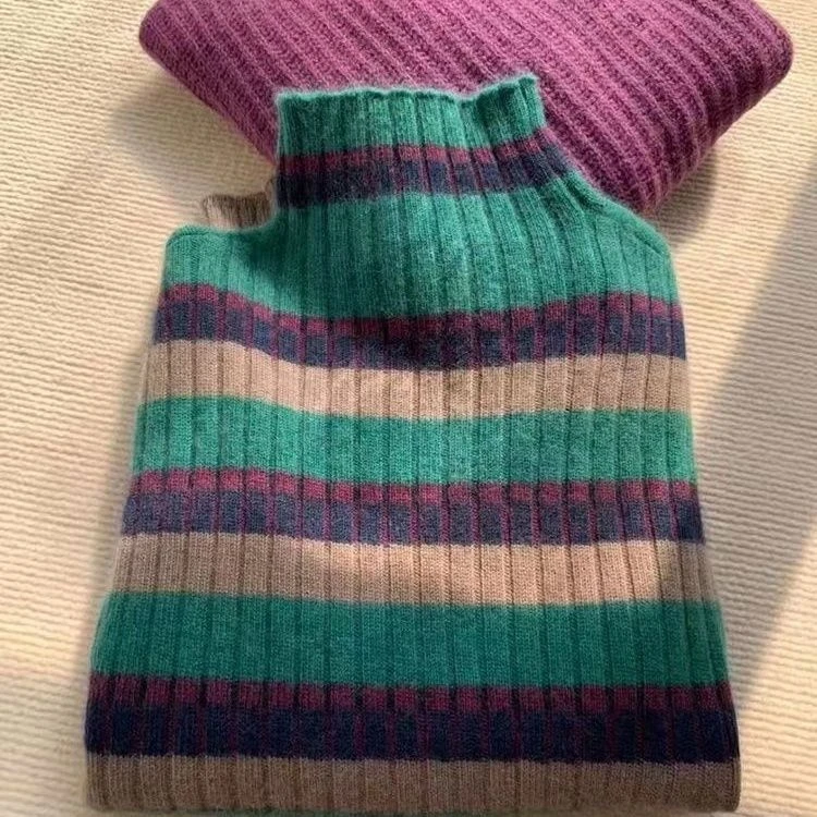 正品撤柜剪标羊毛衫彩虹条纹高领针织衫毛衣秋冬新款加厚打底衫