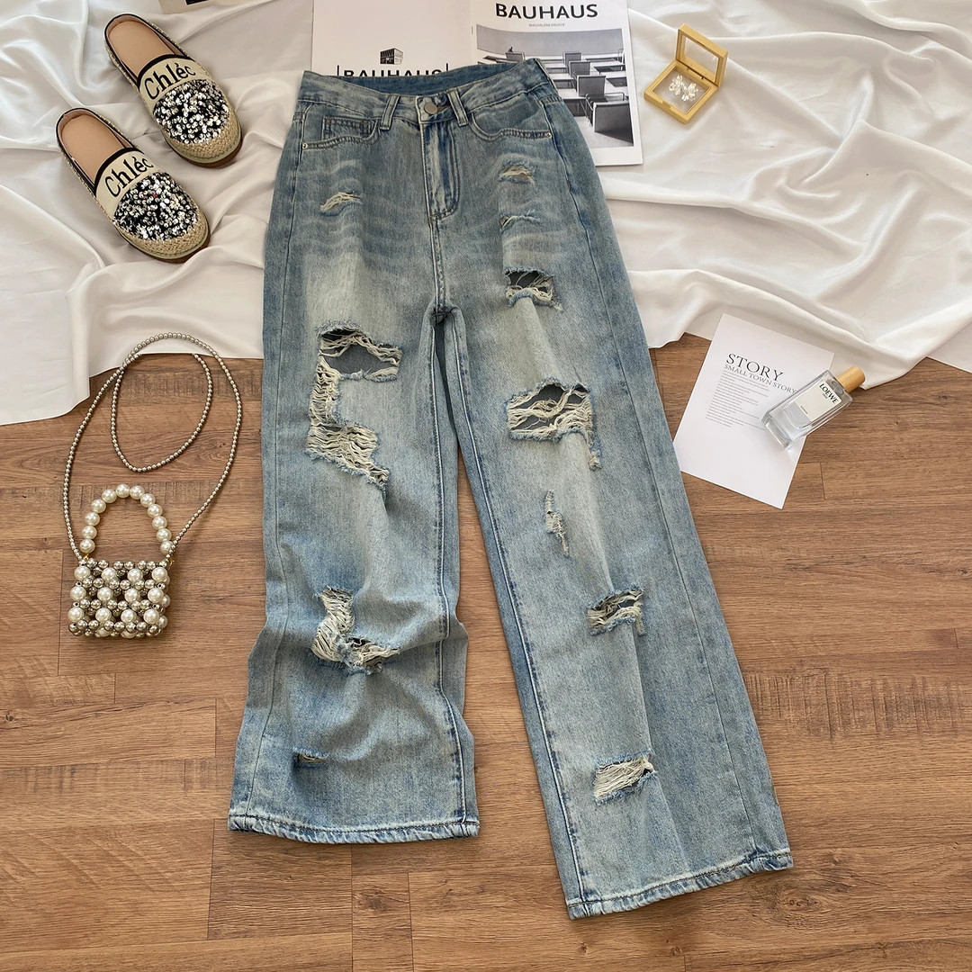 复古蓝破洞阔腿牛仔裤女秋季薄款2025新款高腰显瘦宽松直筒乞丐裤