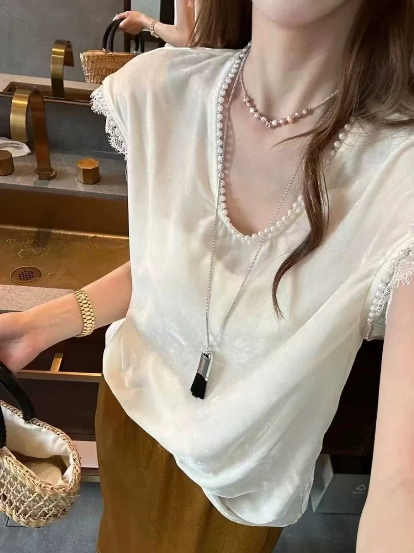 夏季甜美百搭蕾丝花边拼接丝绒小衫006