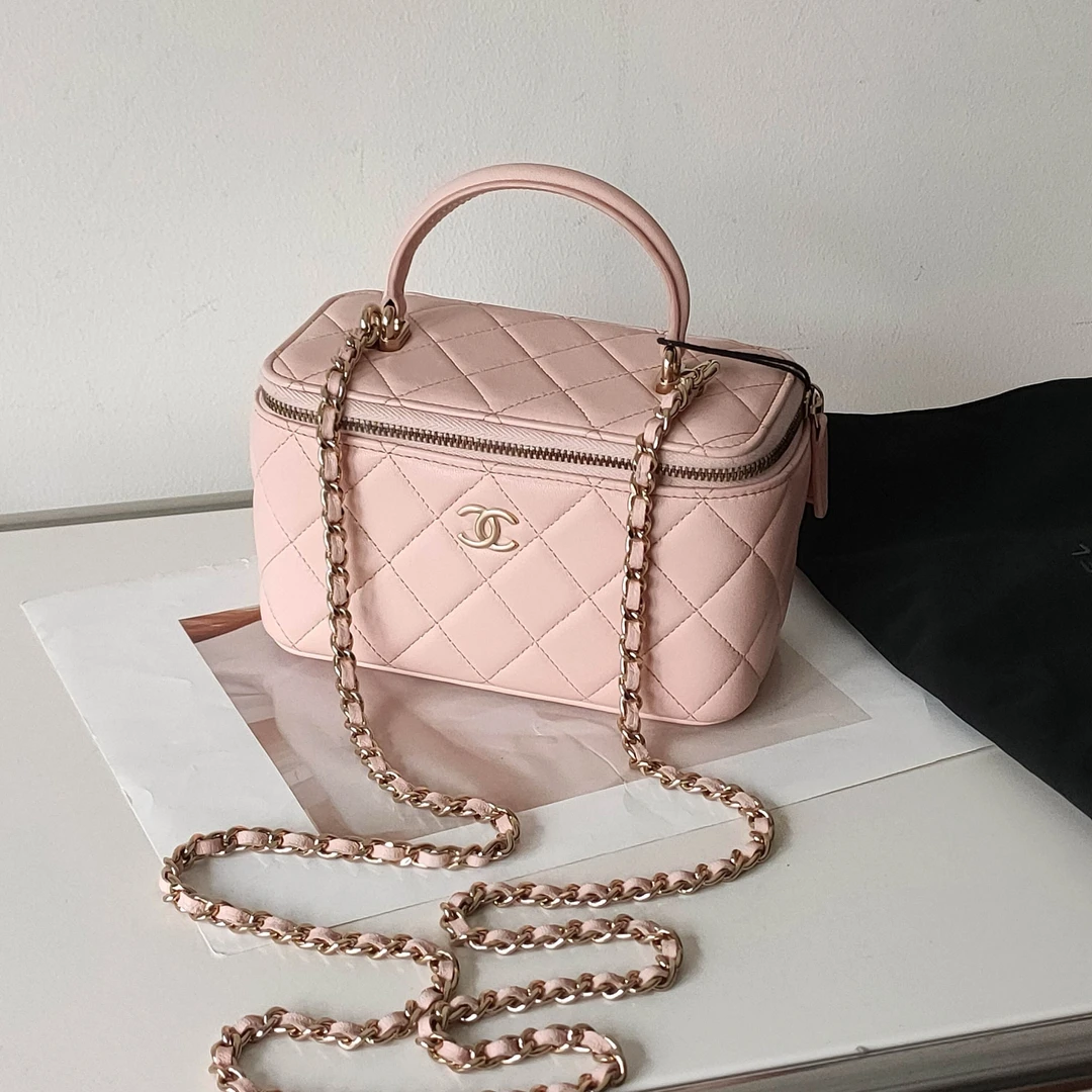 95新 Chanel/香奈儿 Azul-23K粉色羊皮长盒子手提斜挎包39707