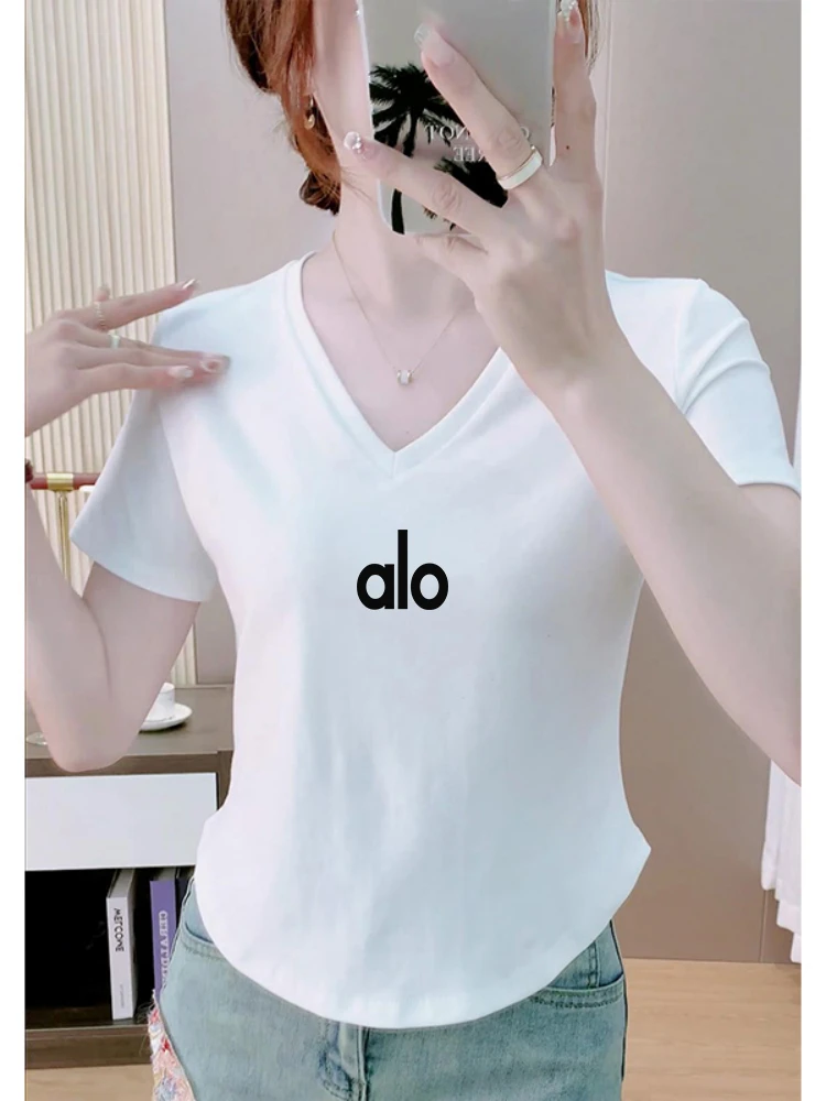 白色t恤女薄款正肩V领短袖2025夏季修身显瘦百搭弧形下摆打底上衣