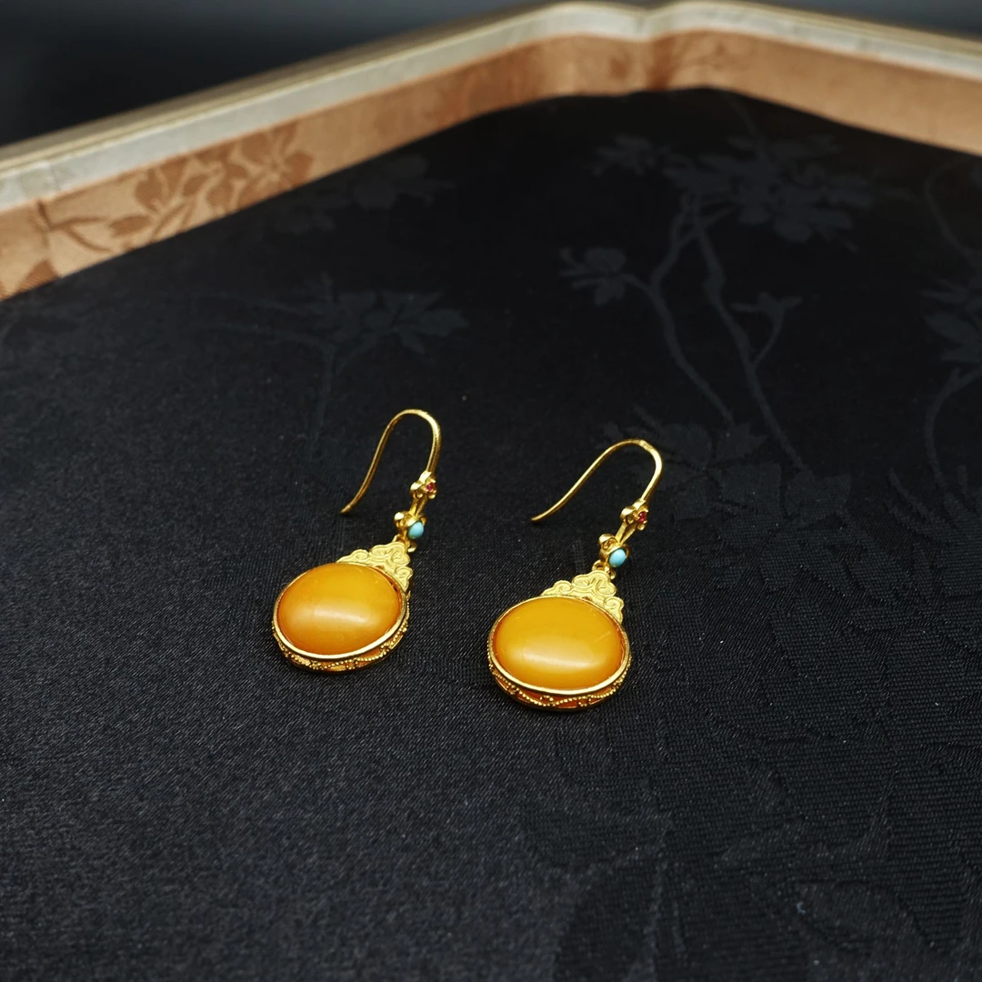 JUSTARRY【余料清仓】S925银天然蜜蜡琥珀耳钉一对复古时尚民族风