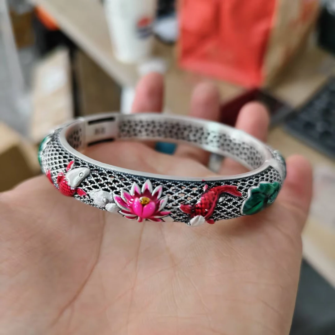 九乐 足银珐琅手镯 990双鱼荷花镂空手镯