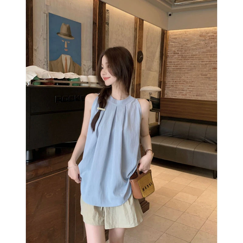 小个子法式无袖挂脖吊带背心女装夏季高级设计感小众百搭宽松上衣