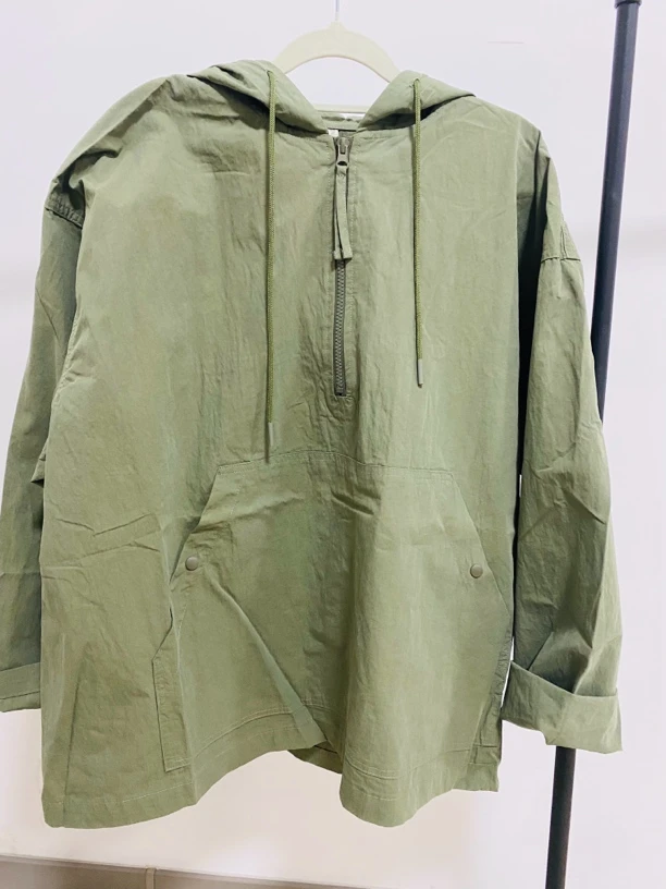 日系时尚半拉链连帽抽绳外套上衣女纯色宽松套头显瘦外套内搭