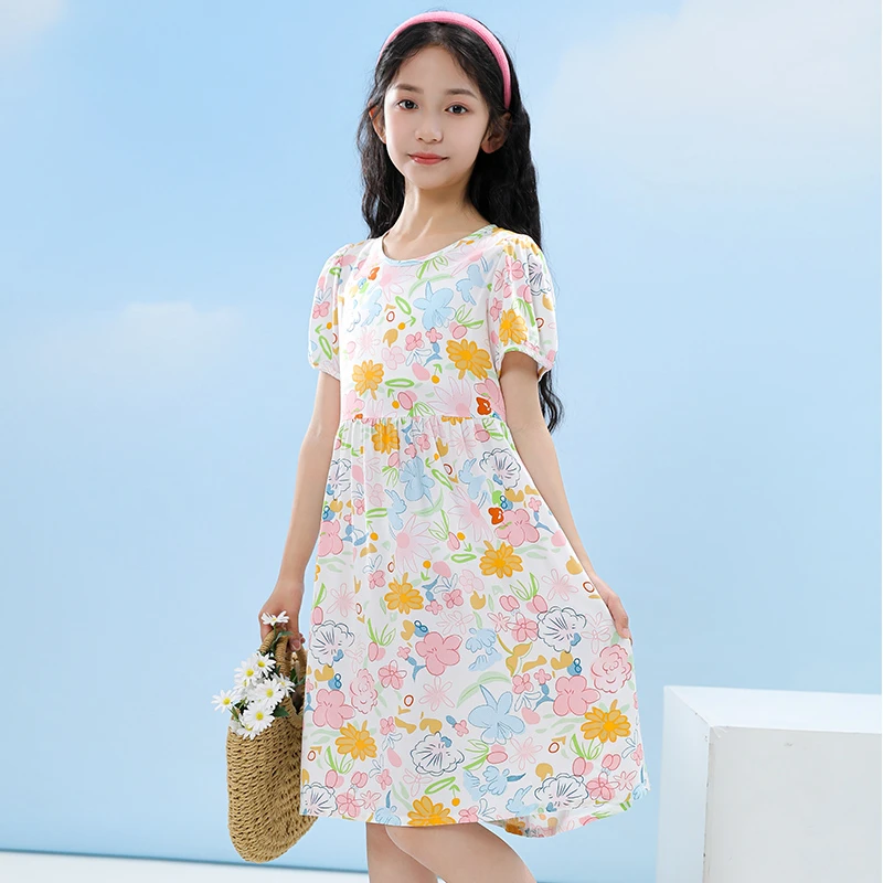 女童棉绸连衣裙中大童碎花裙子女孩夏季薄款童裙洋气睡衣甜美睡裙