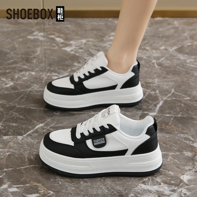 SHOEBOX鞋柜百搭厚底板鞋女2025秋季新款黑色休闲运动小白鞋女