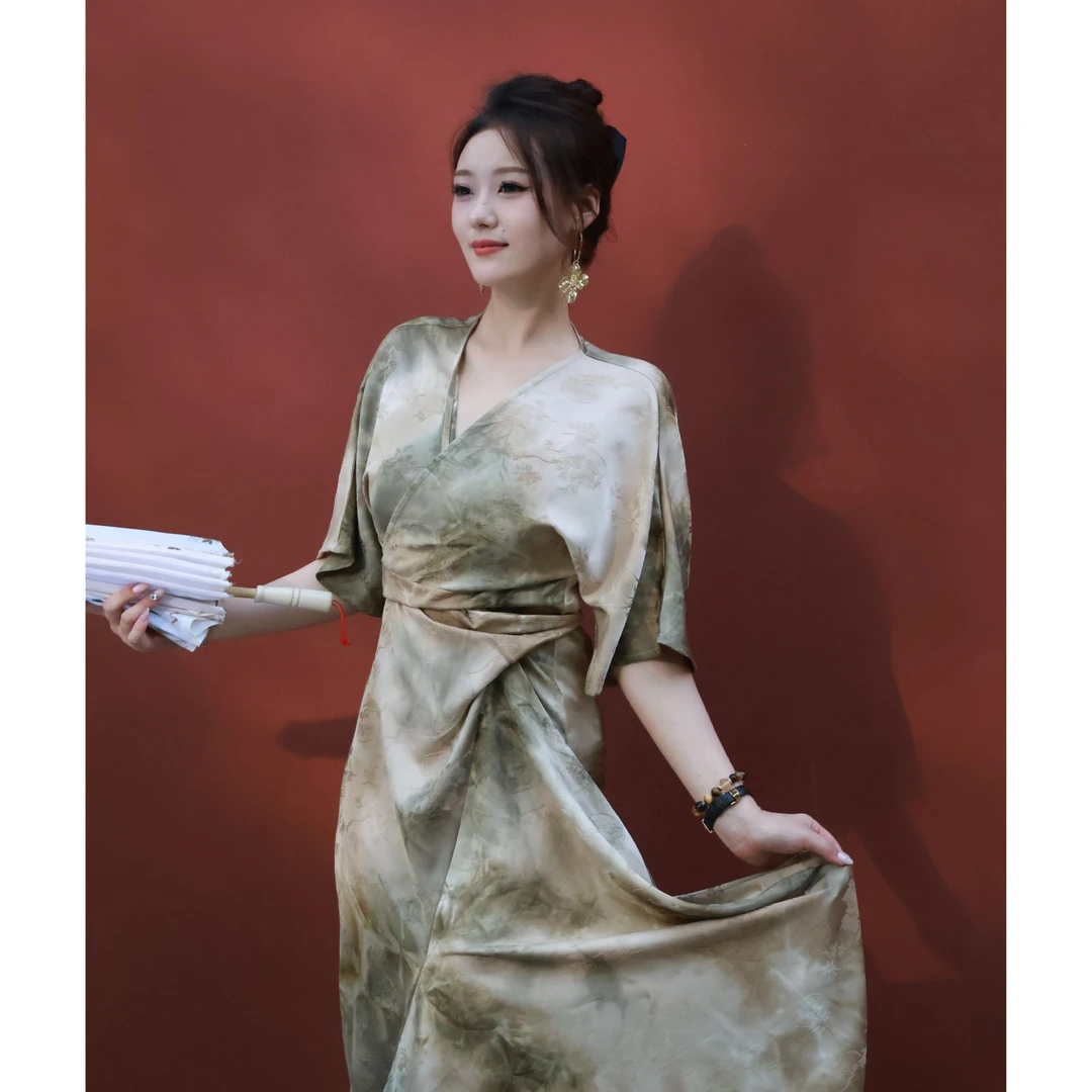 【素织境】扎染提花绿色新中式短袖夏季绑带连衣长裙