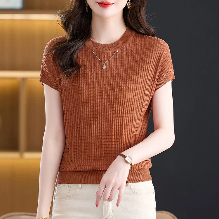 圆领冰丝针织短袖t恤女2025新款格子上衣薄款中年妈妈潮打底小衫