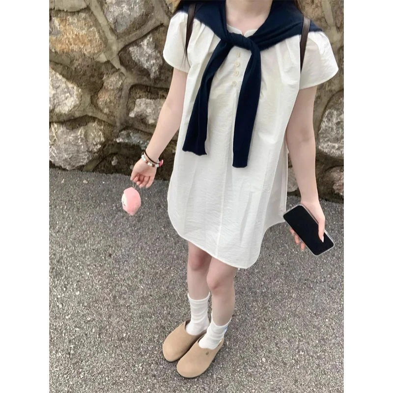 元气可爱风穿搭白色丁达尔裙子女夏季新款披肩搭配减龄衬衫连衣裙