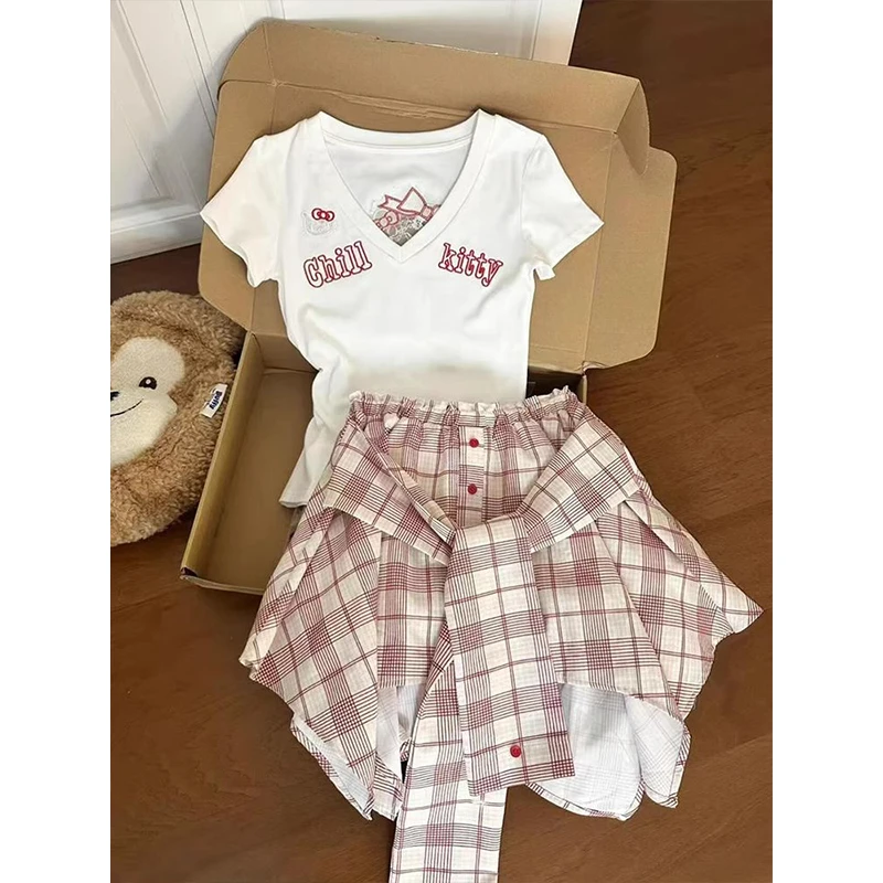 韩系少女感穿搭不规则格纹半身裙套装女夏季Kitty短袖上衣两件套
