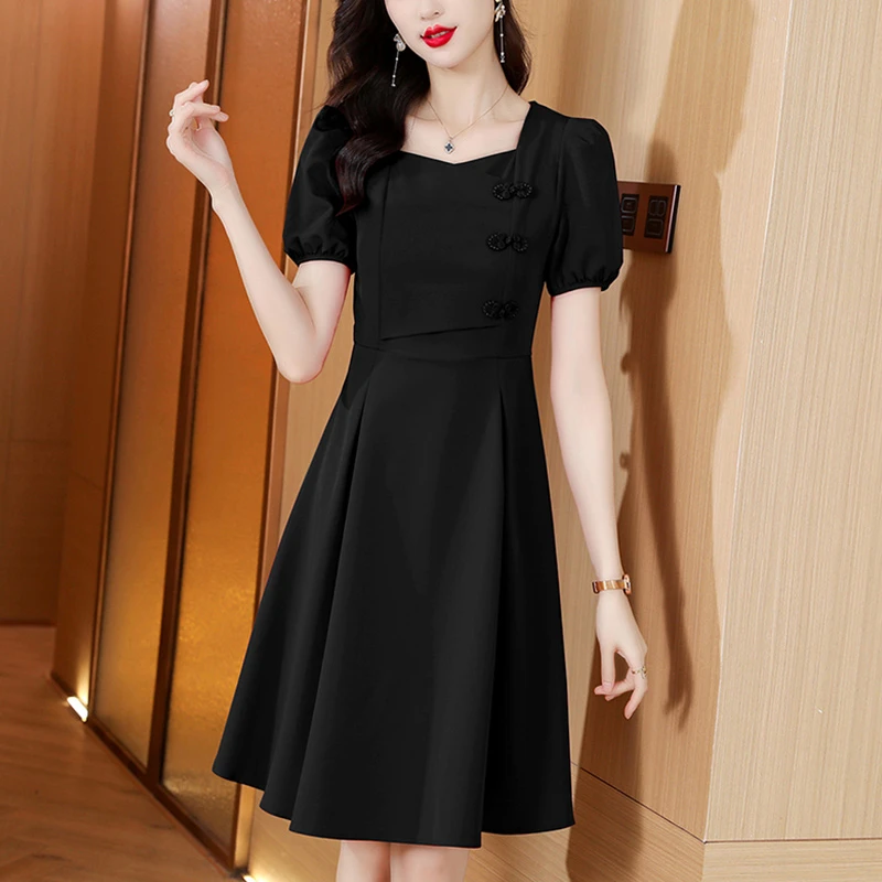 新中式短袖连衣裙女2025夏季新款洋气显瘦收腰泡泡袖中长裙子