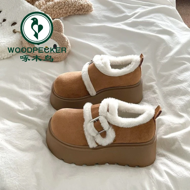 啄木鸟厚底雪地靴女2025冬新款外穿百搭加绒保暖增高勃肯雪地棉鞋