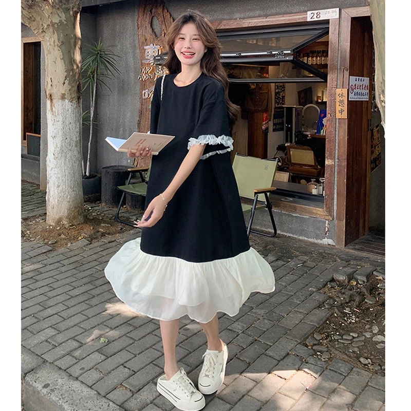 法式甜美花边袖T恤连衣裙女2025夏季新款韩版宽松显瘦拼接长裙子