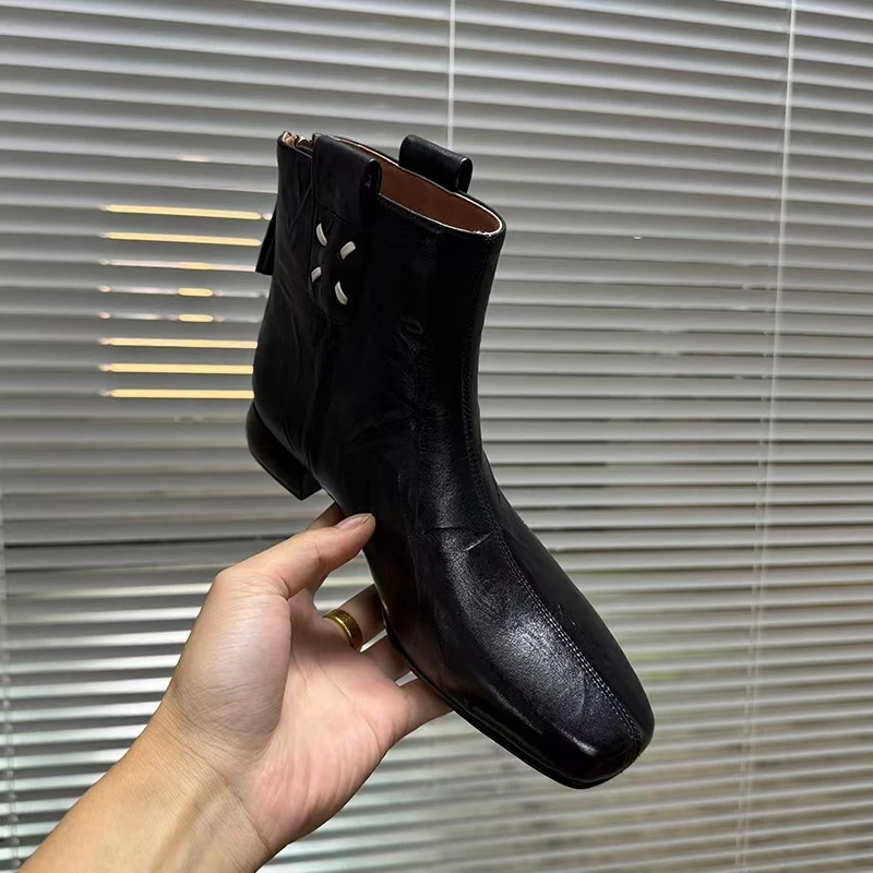 3cm/牛皮/复古气质显瘦方头短筒靴时尚粗跟百搭优雅通勤女靴子