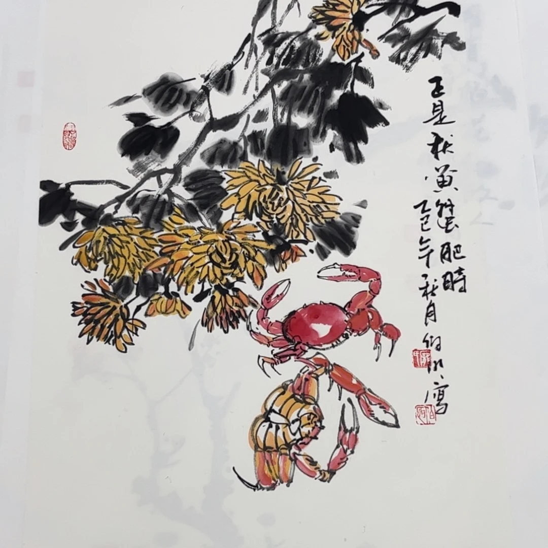 国画四尺三开花鸟作品