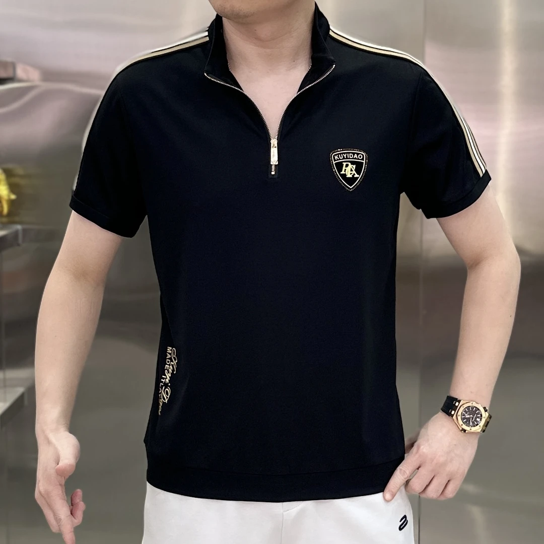 【麦炫严选】夏季新款立领拉链男字母休闲百搭高棉简约短袖T恤K8035