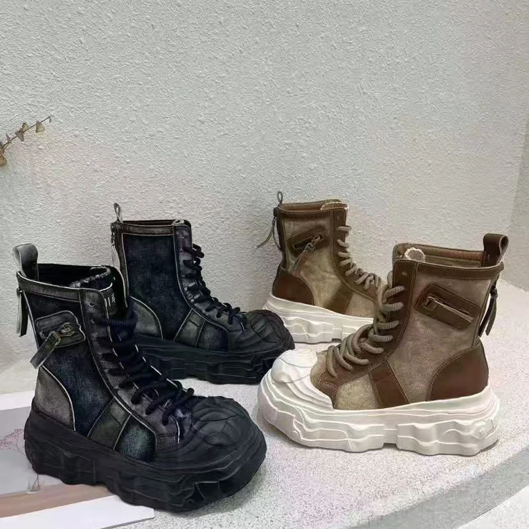 2025爆款潮牌厚底牛仔拼接系带时尚马丁靴