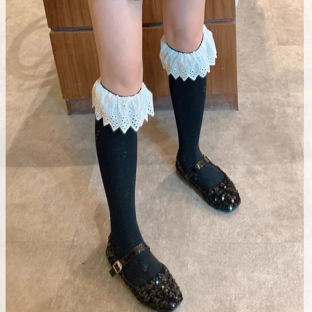 早春网红款洛丽塔风袜子花边荷叶边小腿袜芭蕾风及膝袜女堆堆袜潮