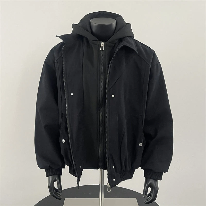 CITY解构复古夹克拼接男假两件春季连帽外套新款情侣美式百搭上衣