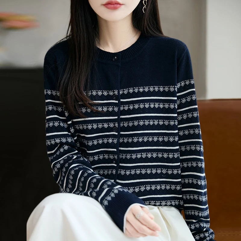 拉夏贝尔条纹提花针织开衫外套女2025新款春秋洋气大码减龄上衣潮
