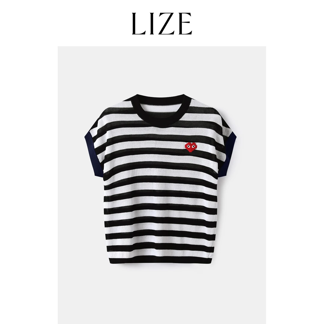 LIZE「像素爱心」定制凉感纱线.垂感条纹针织衫ZEA0102