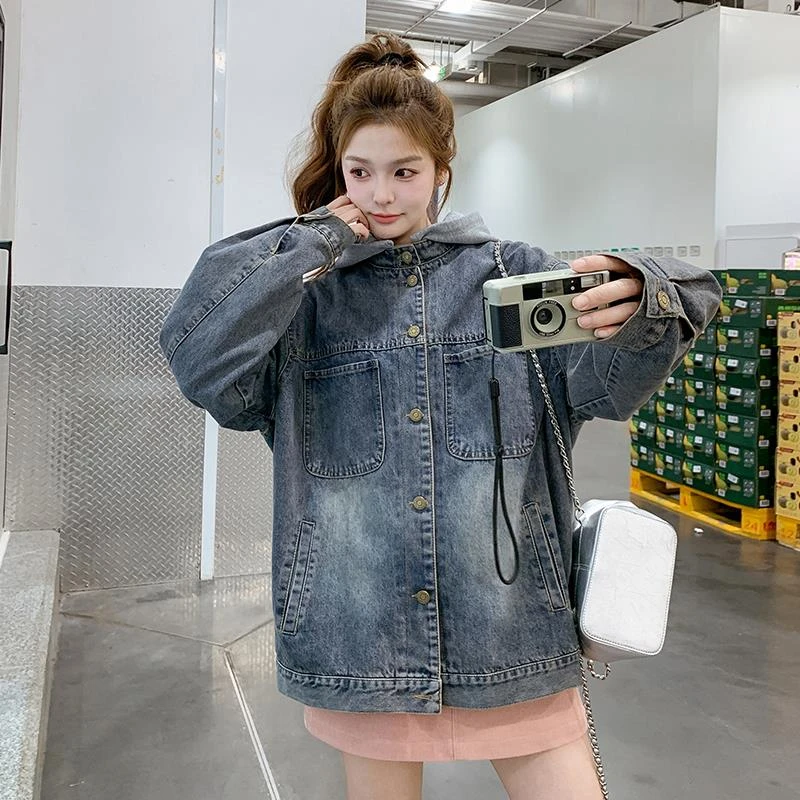 ins洋气减龄设计感连帽牛仔外套女2025春秋新款百搭宽松显瘦上衣