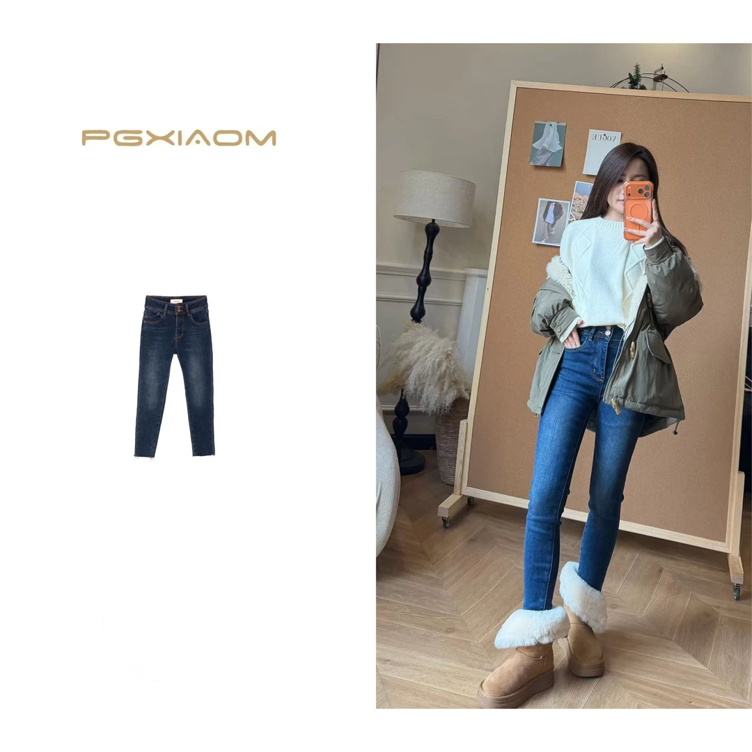 【PGXIAOM】润秀定制蓝色加绒弹力牛仔小脚裤KZ6333