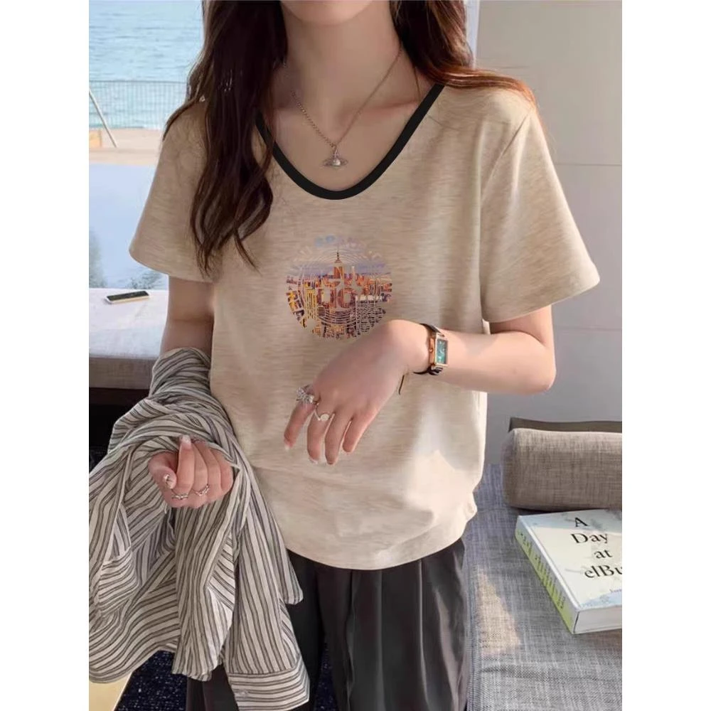 美式复古V领短袖t恤女2025新款夏季宽松减龄撞色印花棉体恤上衣