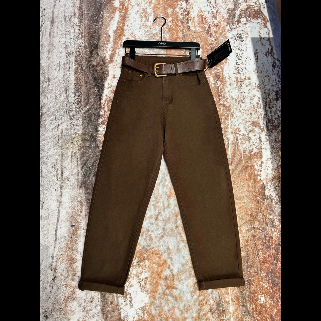 QIMO启茉（A28161#C高腰牛仔裤（配皮带）咖色